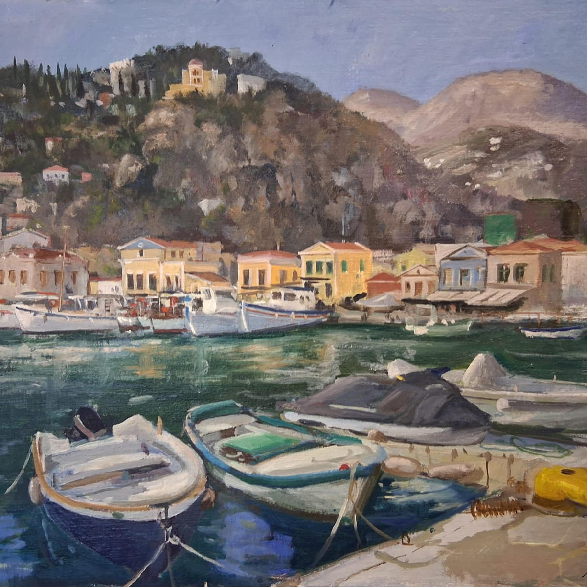 Boats on Harani overlooked by Evangelismos Church